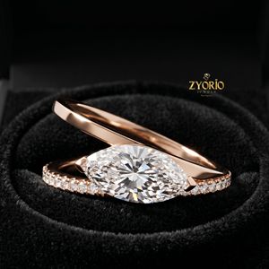 Anillo de compromiso de oro de 18 quilates con corte marquesa y banda pavé de lujo, joyería nupcial atemporal - Product Image 4