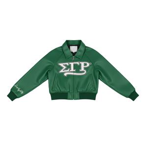 Chaqueta Universitaria de Alta Calidad Estilo Hermandad con Letras Griegas, Chaqueta Corta de Cuero Sintético para Mujer con Diseño de Cremallera - Product Image 5