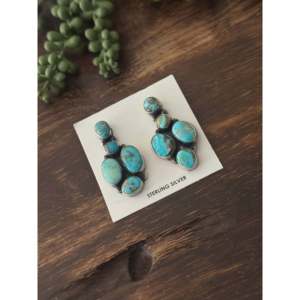 Navajo Kingman Turquoise Sterling Silver Drop <b>Earrings</b> <b>Post</b> Dangle Cluster Design Geometric Pattern Gold Plating Pearl Main - Product Image 4