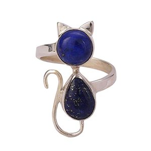 Anillo de Plata de Ley 925 Hecho a Mano con Diseño de Gato, Gema de Lapislázuli con Incrustaciones Naturales en Forma de Pera Azul, Estilo Boho, Regalo de Septiembre - Product Image 1