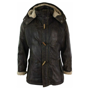 Manteau long en cuir véritable pour homme, style duffle, trench, avec capuche amovible et bordure en fourrure, en peau de mouton, OEM - Product Image 1