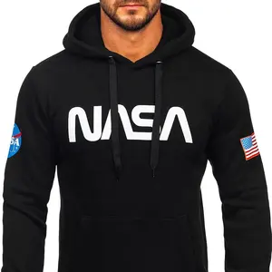 Hoodie hitam tebal cetak NASA kustom pria desain OEM 2024 hoodie penjualan populer musim dingin hoodie untuk pria