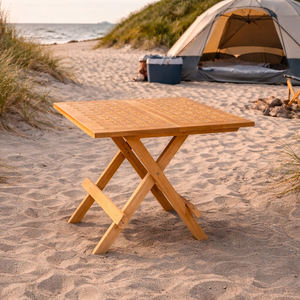 Outdoor <b>Folding</b> Teak Wood Picnic <b>Table</b> X-Leg Design | Solid Teak Portable <b>Adjustable</b> <b>Height</b> Dining <b>Table</b> for Garden Patio - Product Image 3
