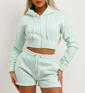 Conjunto de ropa de calle de 2 piezas para mujer de alta calidad, Sudadera con capucha de menta con cremallera, hombros caídos, pantalones cortos a juego, Tops largos, chándal de moda sólido - Product Image 3