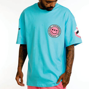 เสื้อฮิปฮอปปกสูงสีฟ้าและสีขาวสำหรับผู้ชายเสื้อยืดสไตล์สตรีทโอเวอร์ไซส์แบบสั่งทำ - Product Image 1