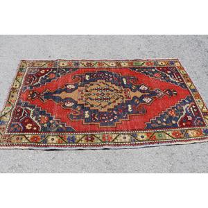 Tapis turc d'appoint 3,5x6,4 pieds, tapis vintage, tapis en laine rouge et bleu ombré - Product Image 3