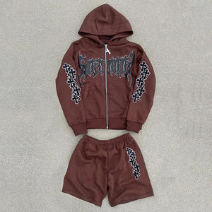 2024 vêtements de luxe personnalisé mode Streetwear surdimensionné recadrée ourlet brut Vintage sweats à capuche et survêtement ensemble coton pierre lavage à l'acide costume - Product Image 2