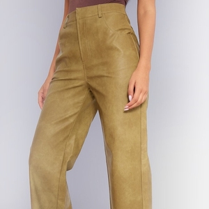 Genuine <b>Leather</b> Satin Woven High Waist Breathable Eco-Friendly Women's Casual Outdoor Spring Button <b>Leggings</b> Customized Logo - Product Image 1
