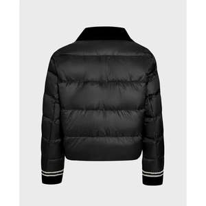 Chaqueta ligera de plumón de pato negro para mujer, cuello de doble botonadura, cintas decorativas, chaqueta acolchada de longitud corta, ajuste Regular para invierno - Product Image 2