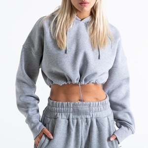 New Design Women Cotton Drawstring Hem Grey Sports Crop Top Hoodie Drop Shoulder <b>Workout</b> Training Gym Cropped <b>Hoodies</b> - Product Image 1