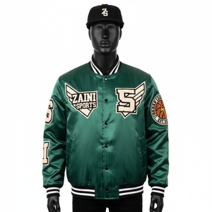 Chaqueta Bomber de Satén de Alta Calidad, Tela Suave y Brillante en Verde con Paneles de Parches Delanteros y Logotipo Personalizado Completo, Chaqueta de Satén para Hombre - Product Image 1