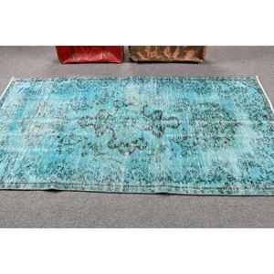 Alfombra Vintage de 3.7x7.4 pies, Alfombra Turca, Alfombra a Cuadros Azul y Negra - Product Image 3