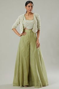 ZARI 2024 Collection <b>White</b> Embroidered Wedding Party-Wear Dress Jacket <b>Skirt</b> Set Crystal Beads Glass Stones Net Fabric Made Silk - Product Image 2