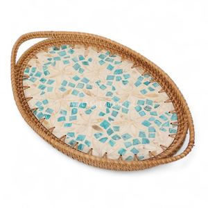 Plateau de service flexible en rotin naturel bohème et nacre pour servir des collations, des boissons et une utilisation quotidienne sur la table - Product Image 2