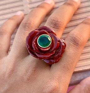 Natural Red Jasper Flower Design Gemstone <b>Ring</b> With Emerald <b>Crystal</b> In Centre Statement <b>Ring</b> Special Gift For Her Or Him - Product Image 1
