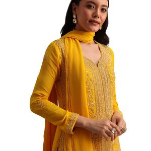 Giallo Cutdana Kurti Palazzo tuta con Dupatta all'ingrosso donna abbigliamento etnico OEM fornitore di fabbrica Custom Party Wear - Product Image 4