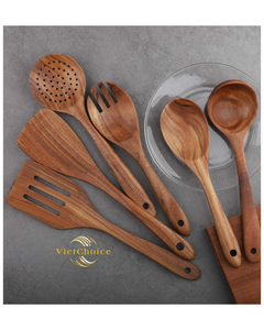 Ensemble d'ustensiles de cuisine Vietchoice en bois de teck 6 pièces avec spatules, cuillères et fourchettes à long manche - Passe au lave-vaisselle et au four, compatible avec les plaques de cuisson - Product Image 4