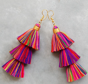 Pendientes de Borlas Multicolores Hechos a Mano con Flecos Dorados - Dorados - Largos - Product Image 1