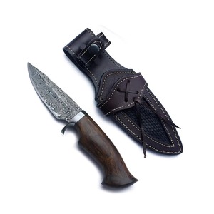 Venta caliente cuchillo de hoja fija de acero de Damasco con mango de madera hecho a mano al aire libre Bowie Camping cuchillos OEM soporte personalizado - Product Image 4