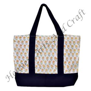 Handmade Indian Black Handle Block Print Tote <b>Bag</b> Fashionable 100% Cotton Carry <b>Bag</b> New Style Market <b>Quilted</b> - Product Image 1