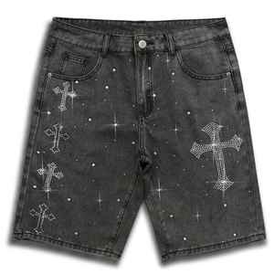 Shorts en jean pour hommes sur mesure en gros, OEM, denim brut, ourlet brut, coton délavé avec strass - Product Image 5
