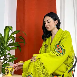 Kleurrijke Prachtig Levendige Kwaliteit Etnische Boho Festival Handgemaakte Katoen Groene Eye Kimono Cardigan Strandkleding Cover Up