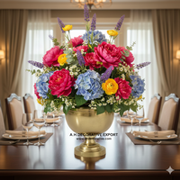 Vase à fleurs en métal sur piédestal doré moderne de luxe, arrangement de pivoines et d'hortensias artificiels pour la décoration de table à manger, décoration d'événements, portable