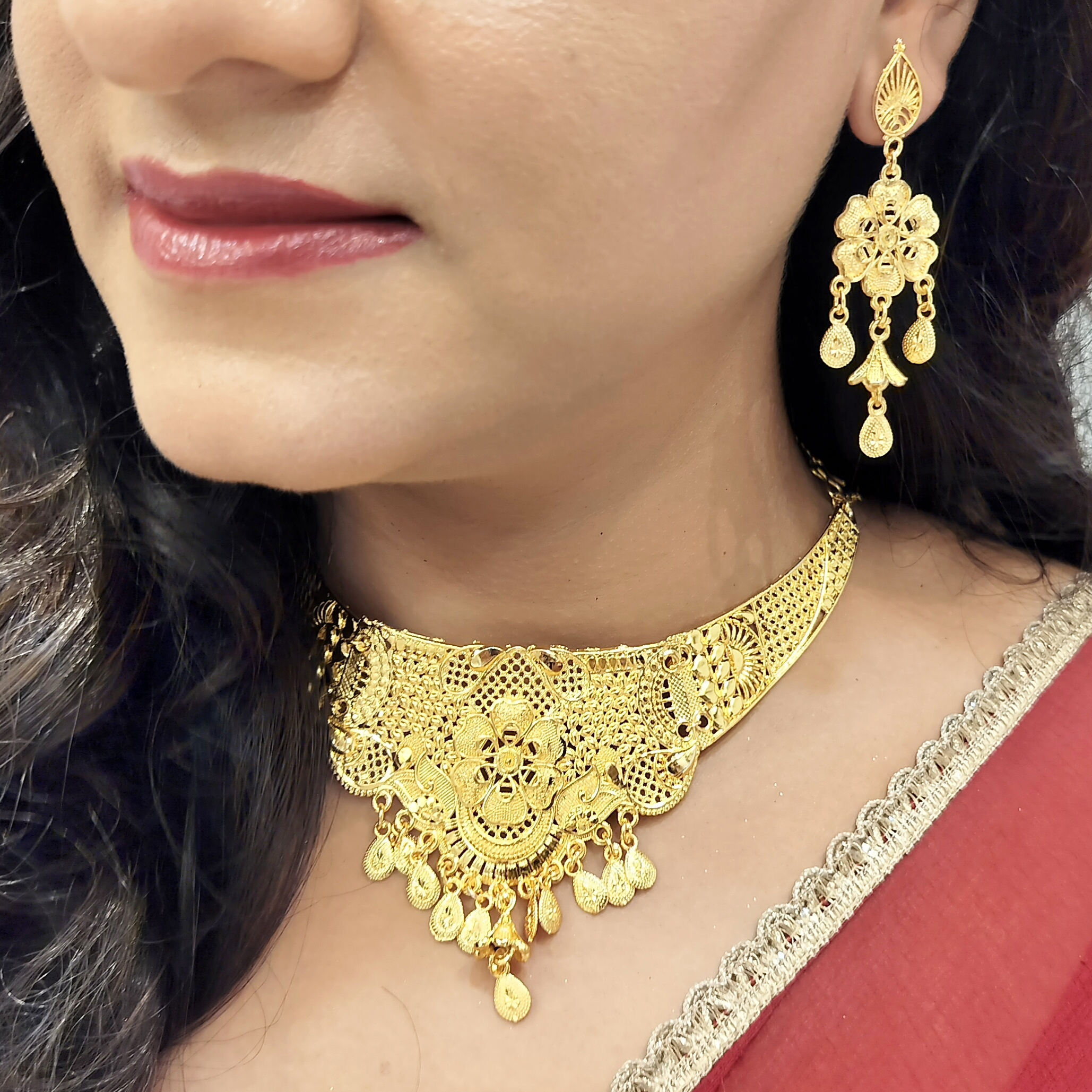Indian Antique Jewelry Gold Plated Floral Coller Choker Dubai Style Wedding  Necklace Dangle Earrings Jewellery Set for Women