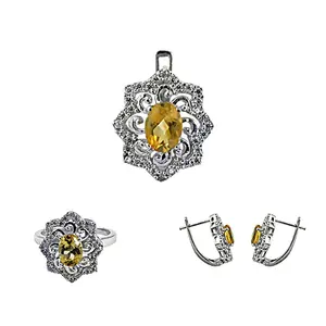 Ensemble de bijoux en citrine, pierre précieuse, argent 925, bague, pendentif et boucles d'oreilles - Product Image 1