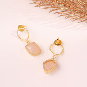 <b>Rose</b> <b>Quartz</b> Gold Plated Drop <b>Earrings</b> with Minimalist Design for Women's Everyday Wear Gift & Party Occasions - Product Image 1