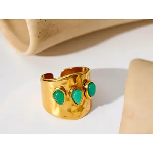 Anillo Ajustable de Piedra Natural Verde con Baño de Oro de 18K y Oro Rosa, Engaste de Bisel Ancho con Apertura para Fiestas - Product Image 1