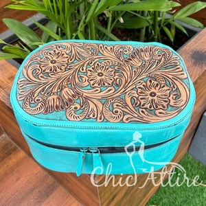 New Arrival Hand Tooled Leather Stylish Makeup Cosmetic Storage Box Makeup Box ,Turquoise Color Vanity Bathroom Organizer Box - Product Image 1