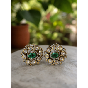 Antique <b>Emerald</b> Polki <b>Stud</b> <b>Earrings</b> in Rose White Yellow Gold with Diamond and Ruby - Product Image 1