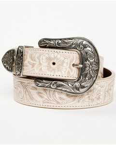 Ceinture élégante à boucle argentée antique Matériau en peau de vache Boucle en alliage durable en cuir blanc gaufré à motif floral occidental vintage - Product Image 1