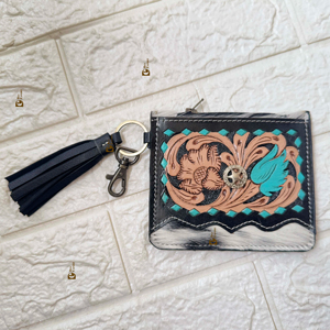 Nouvelle arrivée cuir de vachette fourrure porte-monnaie élégant pochette mince portefeuille couleur Turquoise usiné à la main en cuir Western unisexe sac à main - Product Image 5