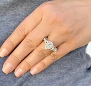 14K Yellow Gold Engagement Ring with Romantic Antique Style Pear Shape Cut <b>Simulated</b> Lab Grown <b>Diamonds</b> Wedding Ring Halo - Product Image 3