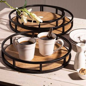 <b>Rustic</b> Round <b>Wooden</b> Decorative Tray Metal Serving Platter Farmhouse Centerpiece for Coffee <b>Table</b> <b>Dining</b> Room Home Decor - Product Image 1