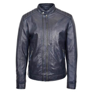 Chaqueta de motorista de cuero genuino azul de estilo informal clásico para hombre, chaqueta de cuero de motorista Real ajustada de manga larga con cuello levantado y cremallera frontal - Product Image 3