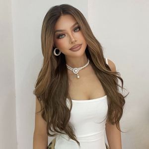 Mocca-DWY 136 <b>Long</b>-Length Wavy Brown Synthetic <b>Wig</b> with Light Brown Lace Free Part and Highlights <b>Long</b> Curly Style - Product Image 6