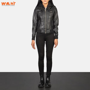 Blouson d'aviateur en cuir noir véritable pour femmes Vêtements d'extérieur d'hiver décontractés, élégants et chauds, col montant, fermeture à glissière, capuche amovible - Product Image 6