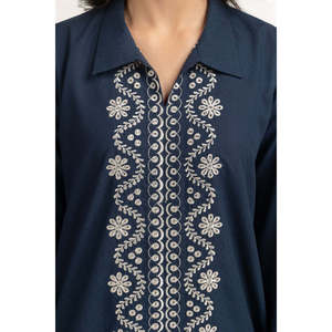 Ensemble coordonné pour femme en tissu crêpe bleu marine brodé, sans col, taille XXS, tenue deux pièces pour le printemps/été - Product Image 6
