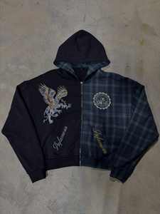 Sweat à capuche zippé à carreaux en flanelle éponge française personnalisée 100% veste à capuche zippée à broderie à carreaux en coton pour hommes femmes - Product Image 5