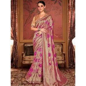 Magenta Zari Weaving Silk Saree with <b>Blouse</b> Alluring Wedding Wear - Product Image 1
