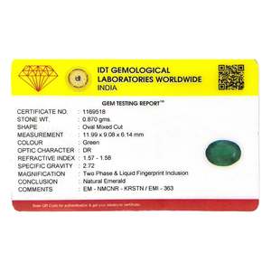 พลอยมรกตสีเขียวธรรมชาติทรงรี 4.35 กะรัต สูง 8 มม. พร้อมใบรับรอง IGI วัสดุสังเคราะห์ - Product Image 4