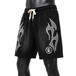 Top Selling Custom Men’s Black Streetwear Shorts OEM ODM Cotton Fleece Flame Graphic Print <b>Elastic</b> Waist Casual Shorts - Product Image 3