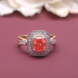 Anillo de Diamante Rosa Cultivado en Laboratorio con Certificación IGI, Oro Rosa/Amarillo y Blanco de 14K, Corte Radiante con Doble Halo, Anillo de Compromiso para Mujer - Product Image 1