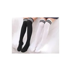 3-Pack <b>Knee</b>-<b>High</b> <b>Socks</b> Black and White Striped Jacquard Print Breathable Knitted Hosiery for Spring Daily Use - Product Image 1