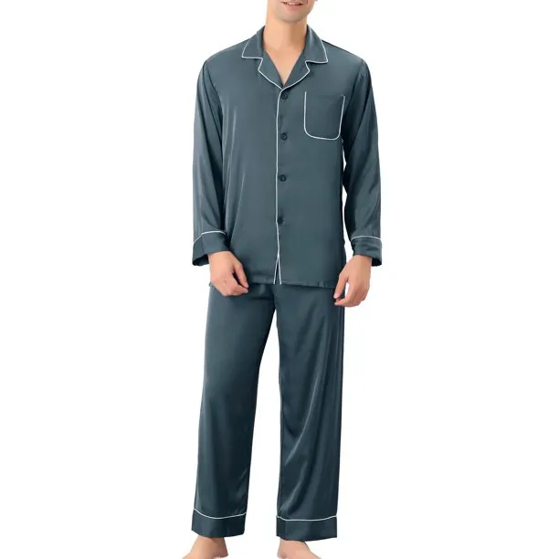 Ultima migliore vendita di base Button-down classico pigiameria di seta morbida camicia da notte per gli uomini pigiameria di seta Casual pigiama set per gli uomini