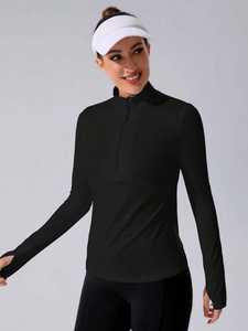 Femmes Noir Demi-fermeture éclair Manches longues Activewear Top Quick Dry Breathable Workout Pullover Yoga Running Gym Sportswear Streetwear - Product Image 6