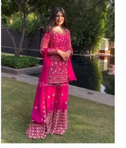 Zihin üfleme ağır Faux Georgette nakış sıralı çalışma palazzo tarzı hint pakistanlı Salwar Kameez takım kıyafet kadınlar için